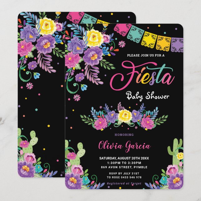 Vibrant mexikansk Blommigt Fiesta Baby Shower Girl Inbjudningar (Fram/baksida)