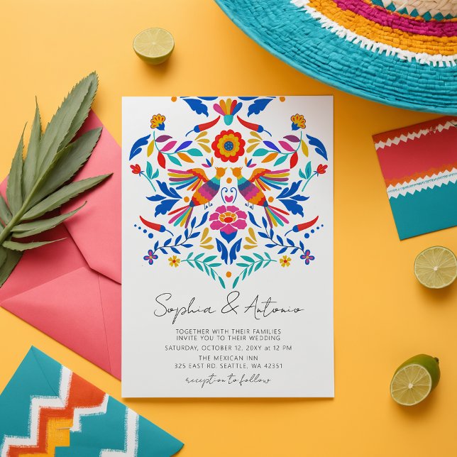 Vibrant Mexikanska fåglar Otomi Blommigt Fiesta Br Inbjudningar (Vibrant Mexican Birds Otomi Floral Fiesta Wedding Invitation)