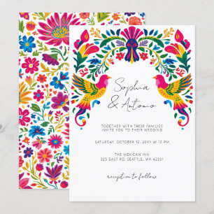 Vibrant Mexikanska fåglar Otomi Blommigt Fiesta Br Inbjudningar