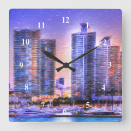 Vibrant Miami Skyline Sunrise Fyrkantig Klocka