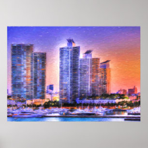 Vibrant Miami Skyline Sunrise Poster