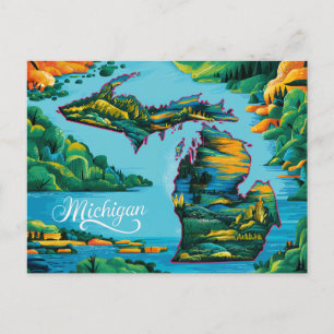 Vibrant Michigan Karta Art Vykort