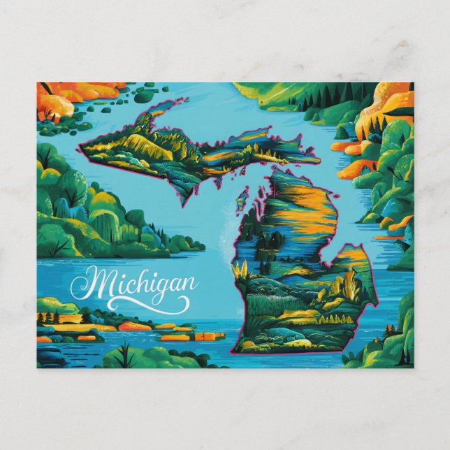 Vibrant Michigan Karta Art Vykort (Framsida)
