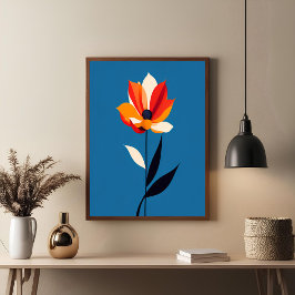 Vibrant, minimalistiskt blomning på blå konst poster
