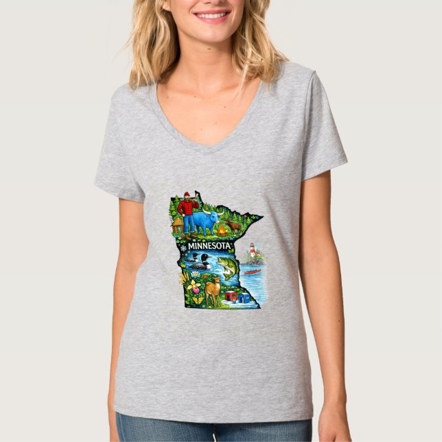 Vibrant Minnesota State Map-Paul Bunyan/Northwoods T Shirt (Framsida)