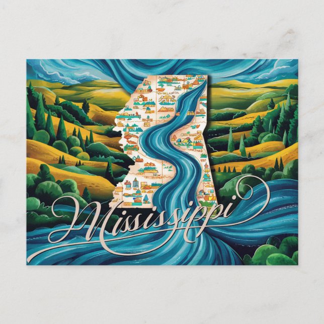 Vibrant Mississippi Karta Art Vykort (Framsida)