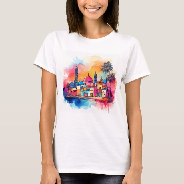 Vibrant Mitten Östra Cityscape - Vattenfärgskonst T Shirt (Framsida)