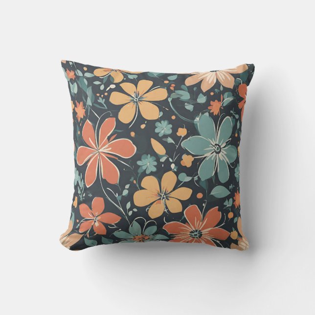 Vibrant Modern Blue, Orange, Gula blommor. Retro Kudde (Framsida)
