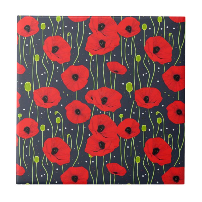 Vibrant Modern Red Poppies Mönster Art Kakelplatta (Framsidan)