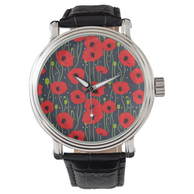 Vibrant Modern Red Poppies Pattern Art Armbandsur (Framsida)