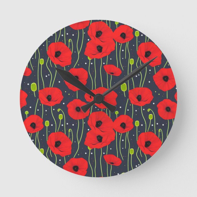 Vibrant Modern Red Poppies Pattern Art Rund Klocka (Framsida)