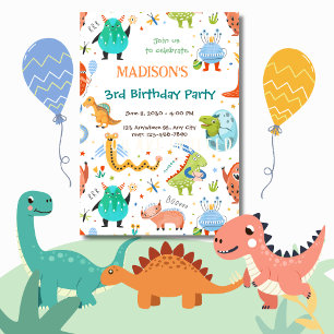 Vibrant Monster & Dinosaur 3:e födelsedagen Party Inbjudningar