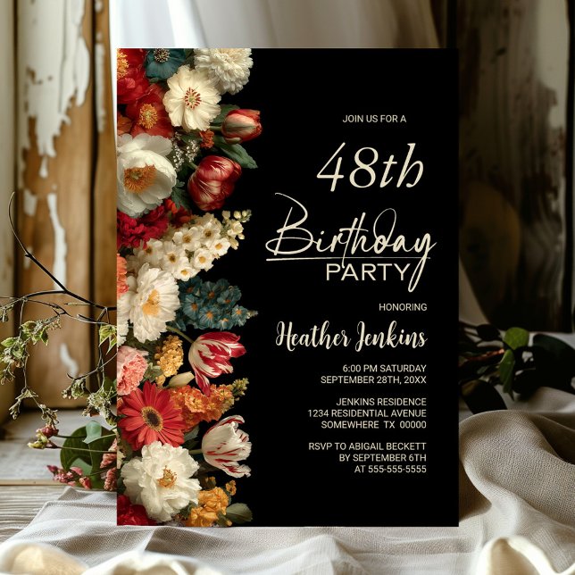 Vibrant Moody Floral Black Any Age Birthday Party Inbjudningar (Skapare uppladdad)