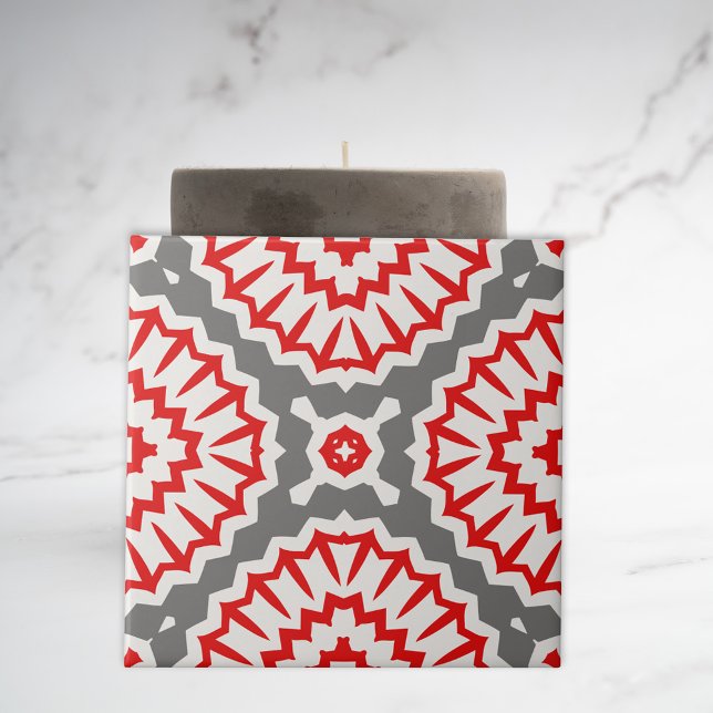 Vibrant Moroccan Ethnic Red White Grått Mönster Kakelplatta (Skapare uppladdad)