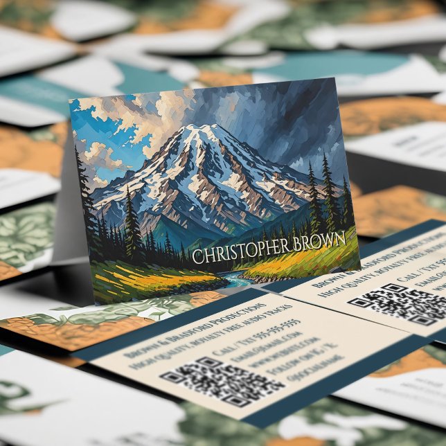 Vibrant Mount Rainier Landskapsmoln Träd QR Visitkort (Mount Rainier business cards, beautiful Pacific Northwest mountain landscape of Washington state.)