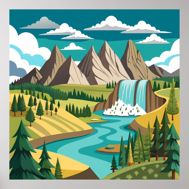 Vibrant Mountain Landscape with Waterfall and Rive Poster (Framsidan)