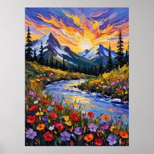 Vibrant Mountain Sunrise-Oljemålning Poster