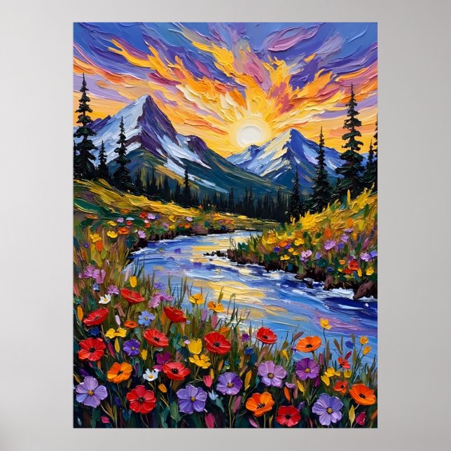 Vibrant Mountain Sunrise-Oljemålning Poster (Framsidan)