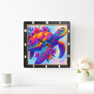 Vibrant Multifärgad Turtle Ocean Fyrkantig Klocka