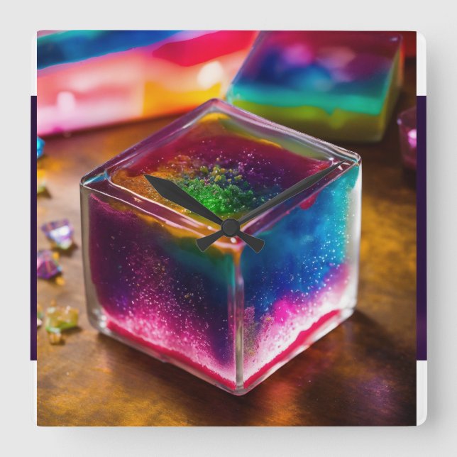 "Vibrant Multifärgad Wall Clock Cube: Time in Tech Fyrkantig Klocka (Framsida)