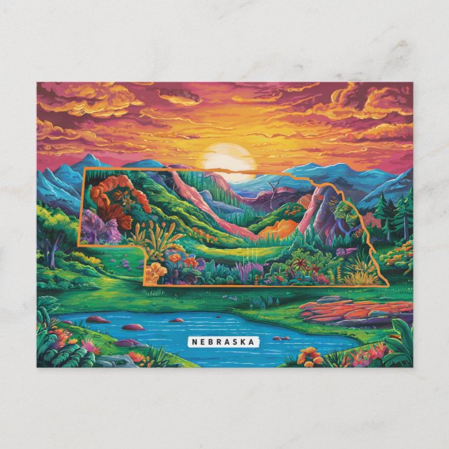 Vibrant Nebraska Karta Art Vykort (Framsida)