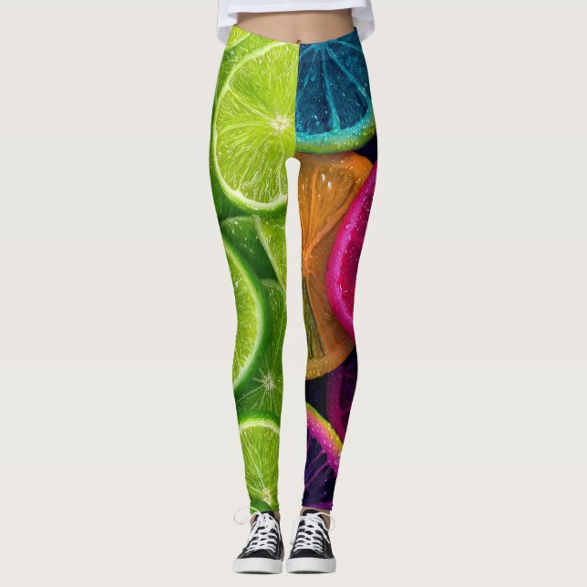 Vibrant Neon Citrus Lime & Lemon Slices Wrap Leggings (Framsida)