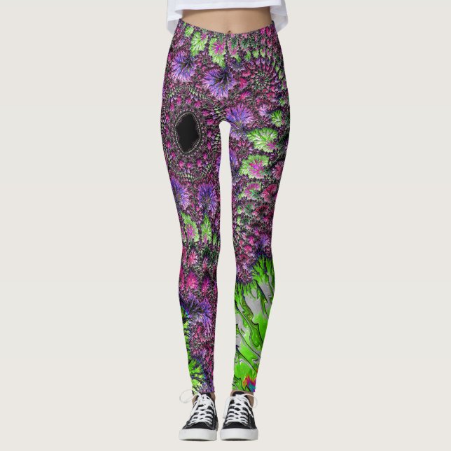 Vibrant Neon Colorful Trippy Groovy Fractal Art Leggings (Framsida)