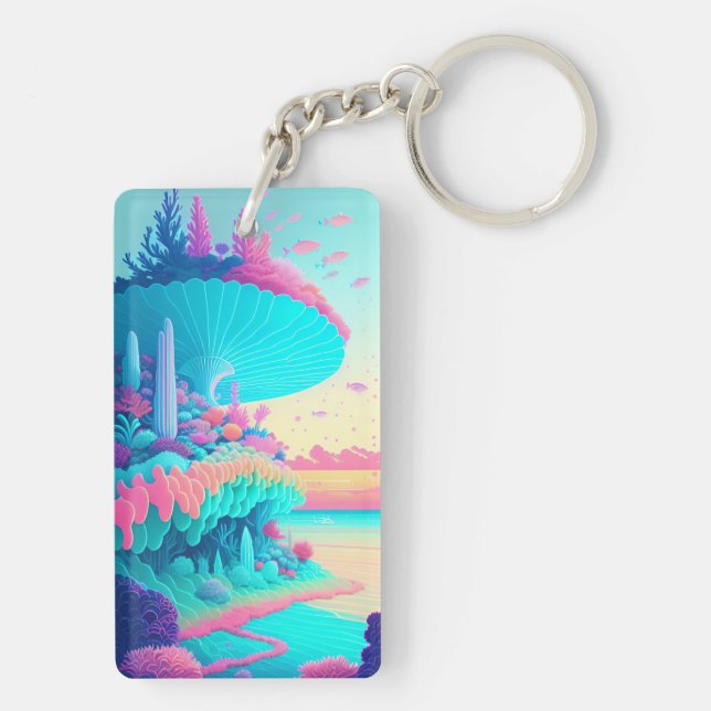 Vibrant Neon Coral Garden Acrylic Keychain (Baksidan)