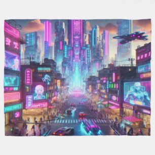 Vibrant Neon Cyberpunk Cityscape Fantasy Fleecefilt
