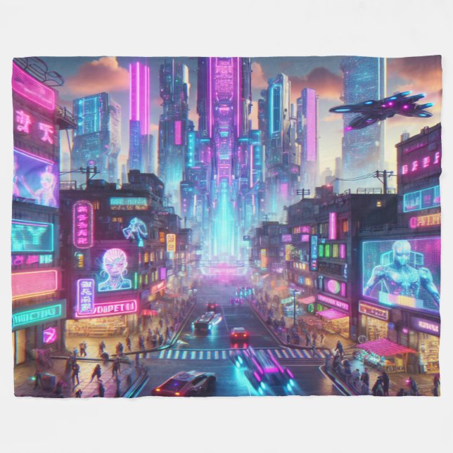 Vibrant Neon Cyberpunk Cityscape Fantasy | Fleecefilt (Framsidan (Horisontell))