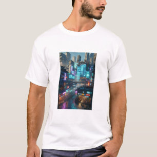Vibrant Neon Cyberpunk Cityscape Futuristiska T Shirt