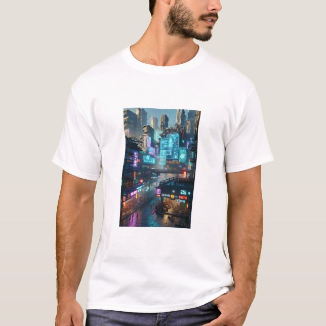 Vibrant Neon Cyberpunk Cityscape Futuristiska T Shirt (Framsida)