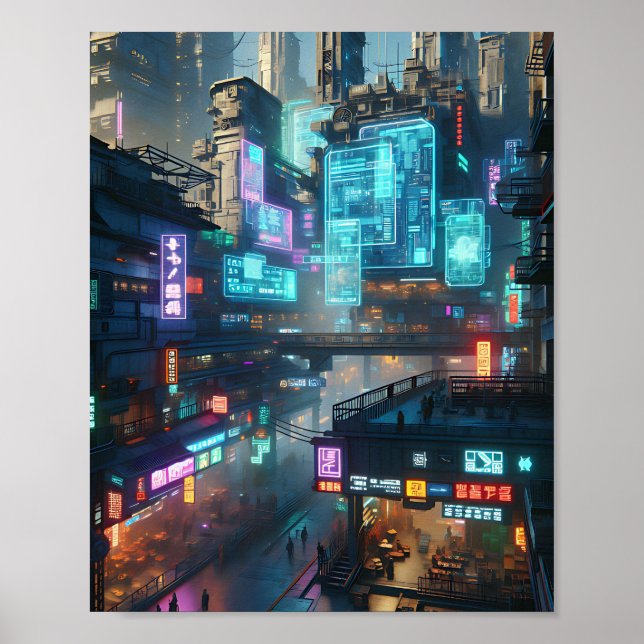 Vibrant Neon Cyberpunk Street Scene Poster (Framsidan)