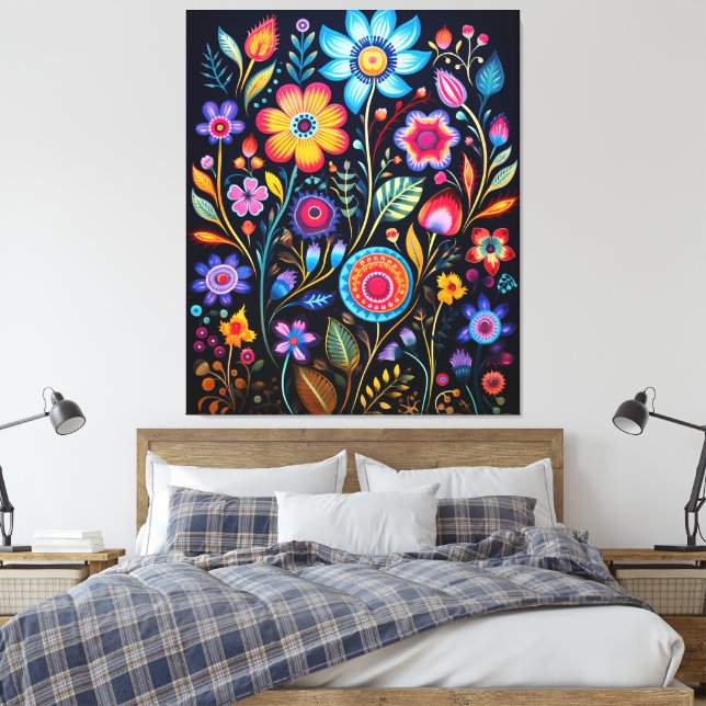 Vibrant Neon Floral Black Background Wood Plaque Canvastryck (Insitu (sovrum))