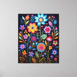 Vibrant Neon Floral Black Background Wood Plaque Canvastryck