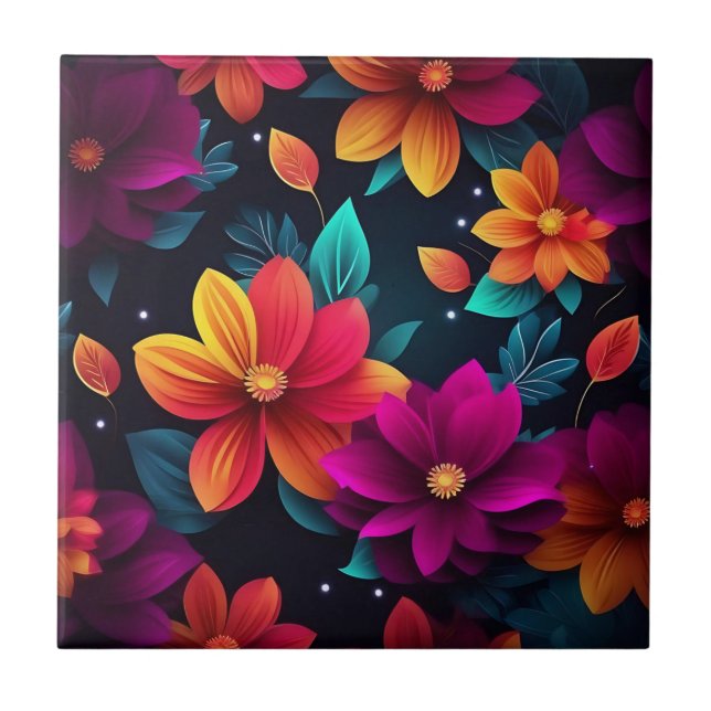 Vibrant Neon Flowers på Mörk Kakelplatta (Framsidan)