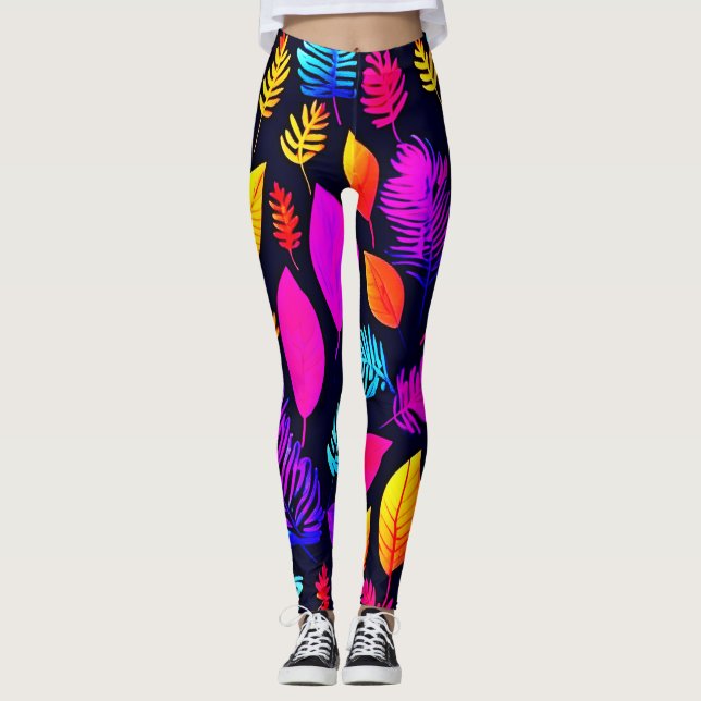 Vibrant Neon Foliage: Captivation Löv Mönster Leggings (Framsida)