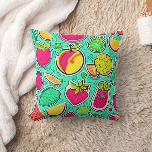 Vibrant Neon Fruits Orchard Art Kudde (Filt)