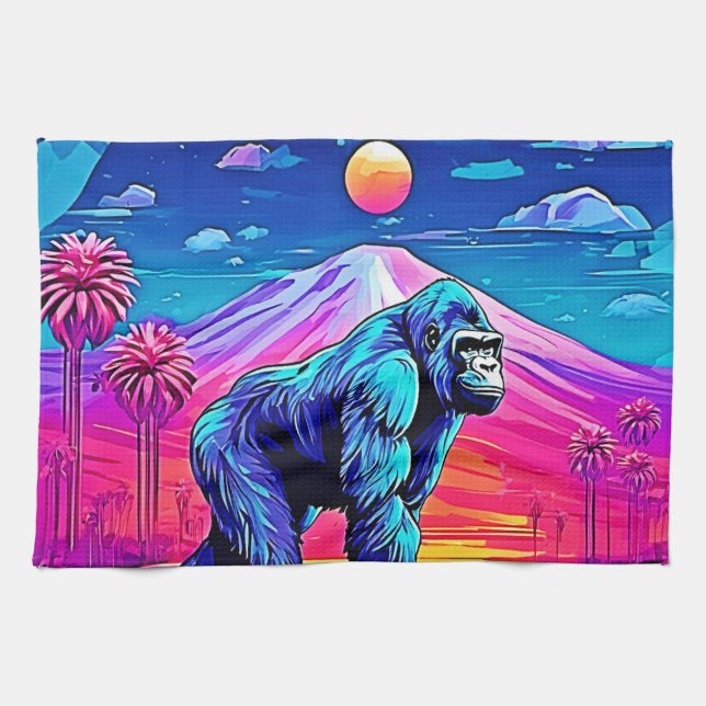 Vibrant Neon Gorilla i en surreal Jungle Scene Kökshandduk (Horisontell)