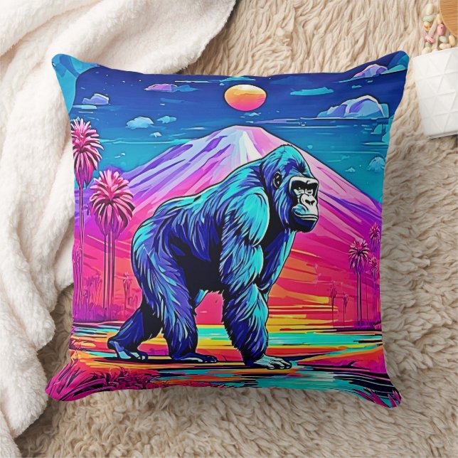 Vibrant Neon Gorilla i en surreal Jungle Scene Kudde (Filt)