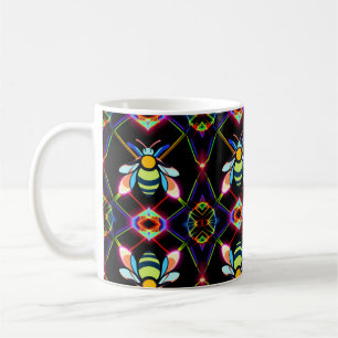 Vibrant Neon Honeybee med Abstrakt Hexagonal Kaffemugg