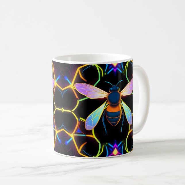 Vibrant Neon Honeybee med Abstrakt Hexagonal Kaffemugg (Framsida höger)