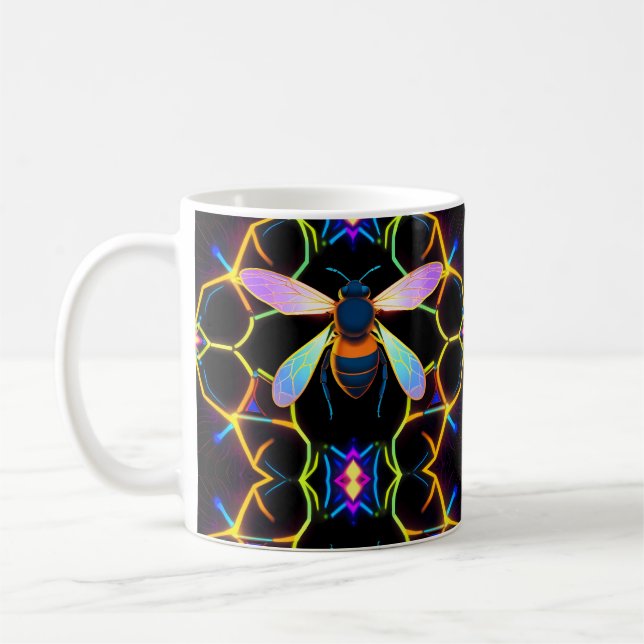 Vibrant Neon Honeybee med Abstrakt Hexagonal Kaffemugg (Vänster)