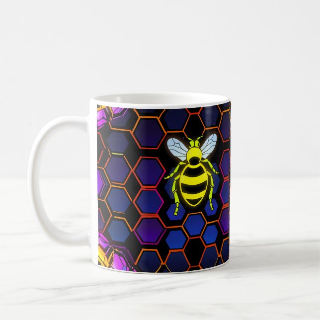 Vibrant Neon Honeybee med Abstrakt Hexagonal Kaffemugg (Vänster)