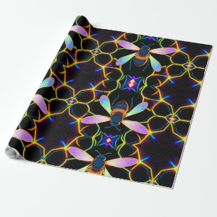 Vibrant Neon Honeybee med Abstrakt Hexagonal Presentpapper