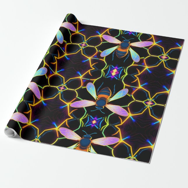 Vibrant Neon Honeybee med Abstrakt Hexagonal Presentpapper (Utrullad)
