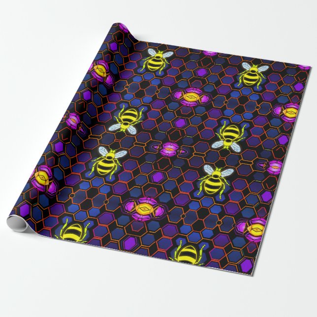 Vibrant Neon Honeybee med Abstrakt Hexagonal Presentpapper (Utrullad)