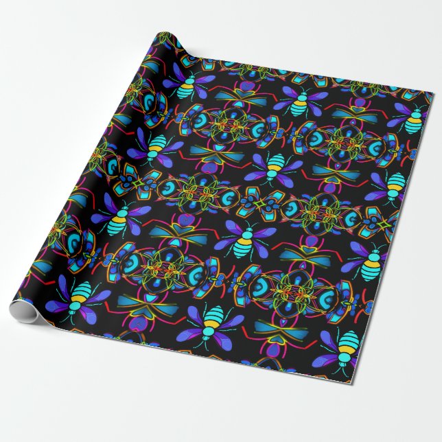 Vibrant Neon Honeybee med Abstrakt Hexagonal Presentpapper (Utrullad)