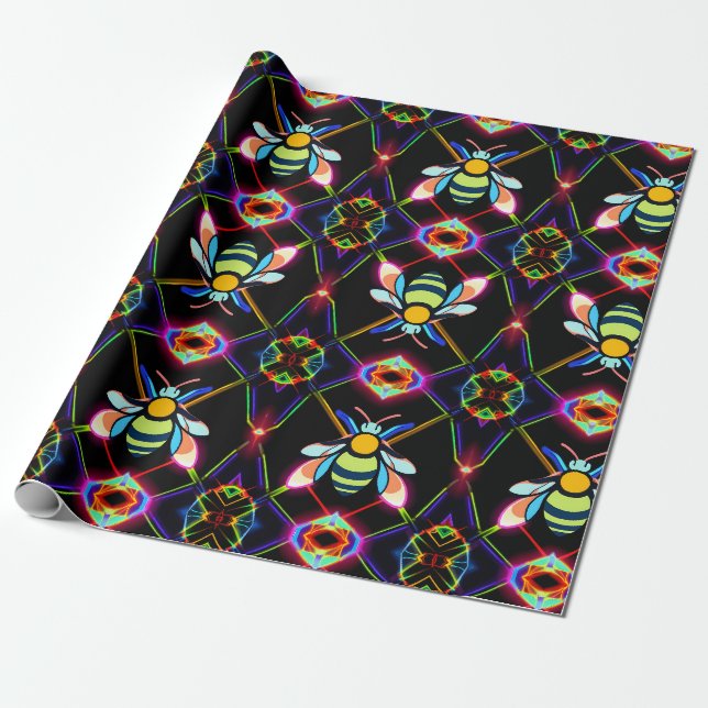 Vibrant Neon Honeybee med Abstrakt Hexagonal Presentpapper (Utrullad)
