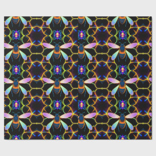 Vibrant Neon Honeybee med Abstrakt Hexagonal Presentpapper